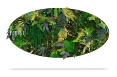 Een ovaalvormige moschilderij heeft weelderig, divers groen blad met verschillende bladeren, varens en mos. De mix van texturen en groentinten zorgt voor een natuurlijke bosachtige uitstraling. Het woord "BEMOSS" staat aan de linkerkant van het display.