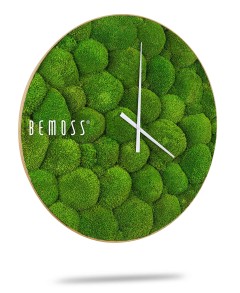 Een ronde wandklok met een uniek ontwerp met een groene mostextuur op de wijzerplaat. De klok heeft een minimalistisch uiterlijk met slanke, witte uren- en minutenwijzers. De merknaam "Mos klok BOLMOSS Minerva met dial" is prominent weergegeven aan de linkerkant van de wijzerplaat, wat de kenmerkende mosschilderijstijl benadrukt.