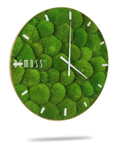 Een ronde wandklok met een wijzerplaat van natuurlijk groen mos, met witte uren- en minutenwijzers en witte uurmarkeringen. De klok, die lijkt op een Mos klok BOLMOSS Minerva met wijzerplaat, heeft aan de linkerkant de merknaam "BEMOSS" gegraveerd. De achtergrond achter de klok is wit.