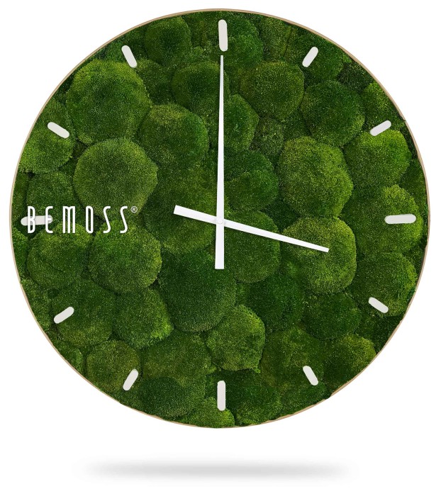 Een ronde wandklok met een groene mostextuur als achtergrond. De klok heeft witte uren- en minutenwijzers, eenvoudige witte uurmarkeringen en de merknaam 