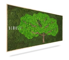 Een rechthoekige mosschilderij met een groene boom met een dikke stam en brede takken die zich uitstrekken over een weelderige, groene achtergrond. Het woord "BEMOSS" staat aan de linkerkant van de boom geschreven. Het kunstwerk heeft een houten lijst en lijkt driedimensionaal.