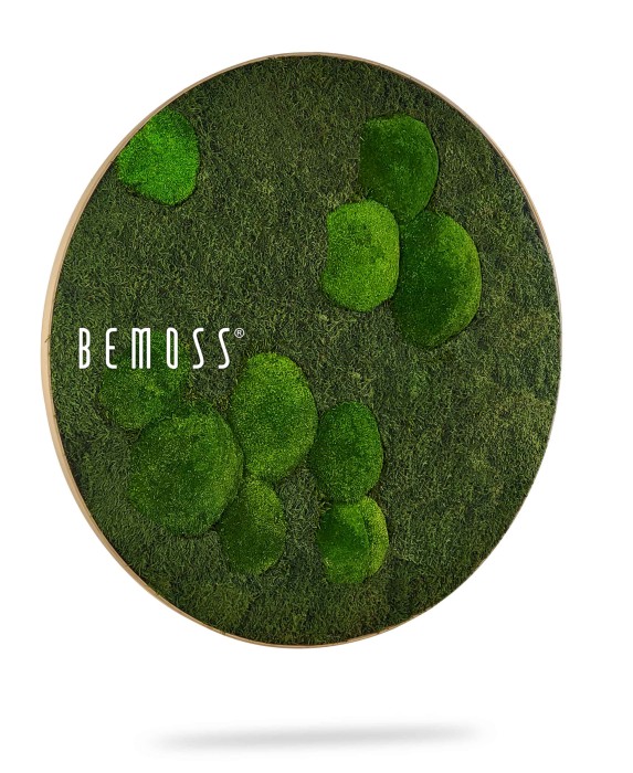 Een cirkelvormig kunstwerk aan de muur, met de merknaam 'BEMOSS', bestaat uit verschillende tinten groen mos, gerangschikt in organische, fragmentarische clusters, waardoor een natuurlijke en weelderige textuur ontstaat. Deze unieke moswand is ingesloten in een dun, afgerond houten frame.