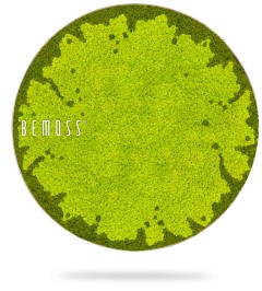 Een cirkelvormig decoratief wandstuk met levendig groen bewaard mos met verschillende texturen en tinten. De merknaam "BEMOSS" wordt in witte tekst weergegeven aan de linkerkant van de Mosschilderijcirkel BEMOSS® MARE. De achtergrond is effen wit.