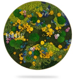 Een cirkelvormig kunstwerk aan de muur met een levendig arrangement van geconserveerd mos en kleurrijke bloemen. Het ontwerp van de BEMOSS mosschilderij bestaat uit verschillende tinten groen mos en felgele, blauwe en paarse bloemen. Aan de linkerkant van het stuk is de merknaam "BEMOSS" zichtbaar.