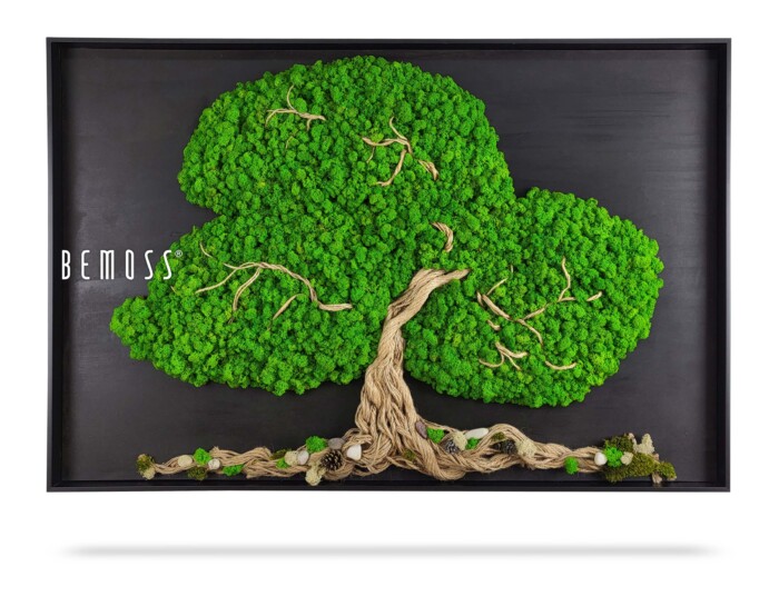Een ingelijst kunstwerk toont een boom met een gedraaide, lichtbruine stam en levendig groen blad tegen een zwarte achtergrond. Het getextureerde blad, zo gerangschikt dat het lijkt op een volledige overkapping, geeft het de uitstraling van een prachtige Mosschilderij BOOM ARLES. De tekst 