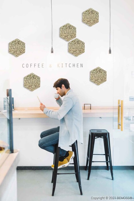 Een man in een lichtblauw shirt en spijkerbroek zit op een zwarte barkruk aan een lange toonbank in een minimalistisch café. Hij leest een menu en houdt een kopje vast. Achter hem toont de muur zeshoekige Kamerschermen van mos FLATMOSS&BOLMOSS - dubbelzijdige kunstwerken gemaakt van mos en de tekst 