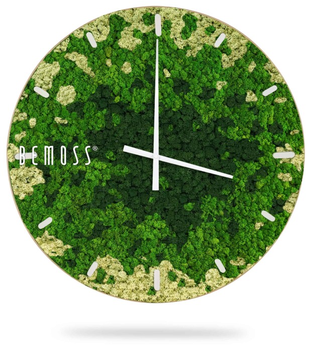 Een ronde wandklok met groen mos en een beige achtergrond met witte uurmarkeringen. De wijzers van de klok zijn ook wit. De merknaam 