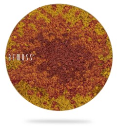 Een rond BEMOSS-kruidenbordje met een visueel aantrekkelijke mix van rode en gele vlokken die de textuur van een mosschilderij oproept. De kleuren zijn ingewikkeld gemengd, waardoor een opvallend patroon ontstaat. Het bord zweeft tegen een witte achtergrond, met aan de linkerkant de merknaam "BEMOSS" zichtbaar.