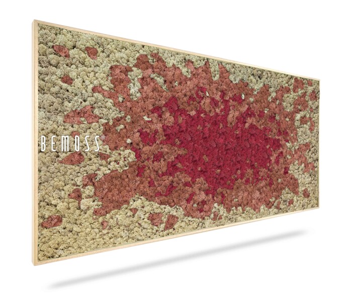 Een close-upfoto van een rechthoekige moschilderij gemaakt van verschillende tinten mos, variërend van rood in het midden tot beige aan de randen. Het stuk is ingelijst met een dun, lichtgekleurd houten frame en aan de linkerkant staat het woord 