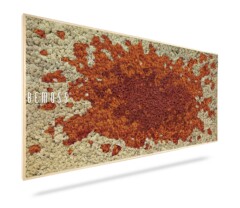 Een rechthoekig stuk BEMOSS moschilderij met een houten frame, met een abstract dessin van rood en oranje mos verspreid in een onregelmatig patroon tegen een achtergrond van wit en grijs mos. Aan de linkerkant is het woord "BEMOSS" zichtbaar.