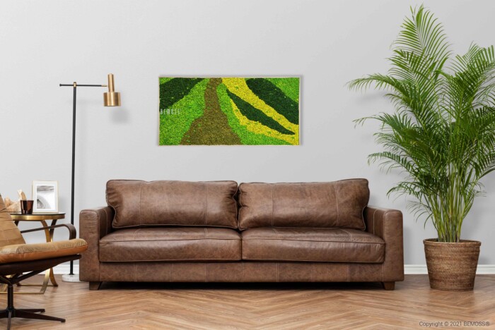 Tegen een lichtgrijze muur is een bruinleren bank geplaatst met daarboven een gemonteerde Mosschilderij BEMOSS® ORTHO CARROT. Links van de bank staat een hoge vloerlamp en rechts een grote potplant. Links staat een houten stoel met een deken.