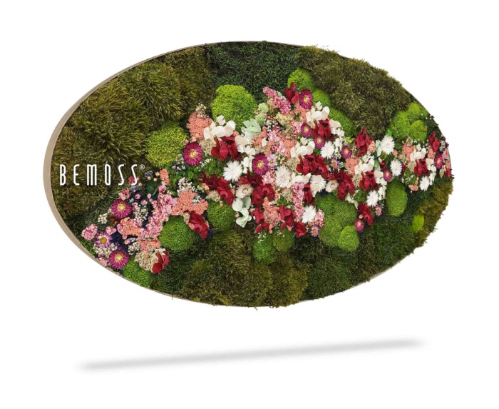 Een ovaal bloemstuk met het woord 